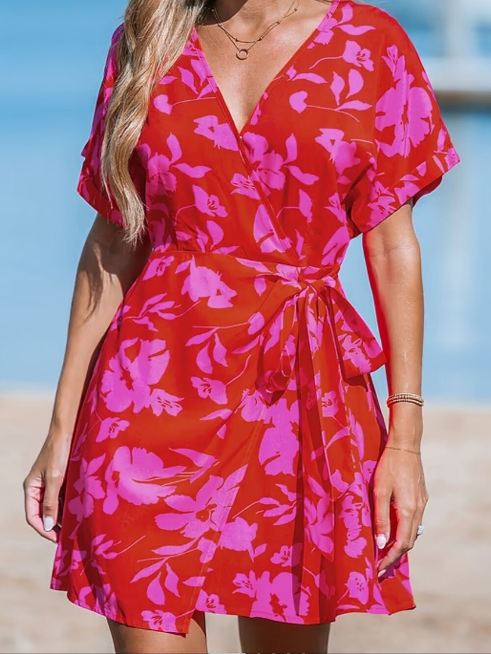 Pink Floral Side Tie Wrap Mini Dress